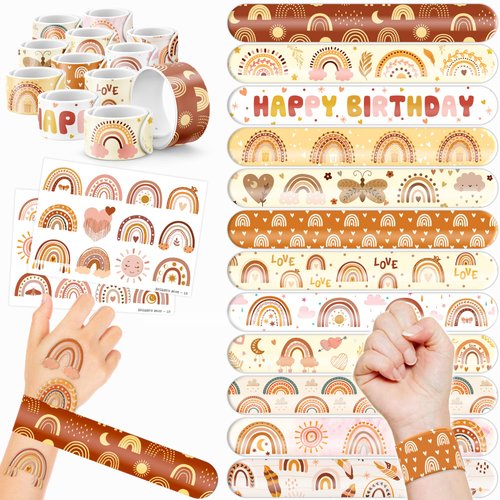 48 Boho Rainbow 24PCS Boho Rainbow Temporary Tattoos Sticker 24PCS Slap Bracelets Perfect for Themed Birthday Party Favors Baby Showers or Classroom Rewards Ideal Decor and Gifts for Girls and Boys