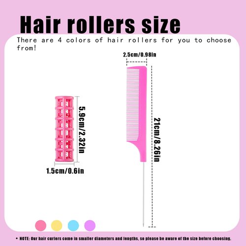 Ulifebetter 28PCS Self Grip Small Hair Rollers Set, 0.6in Plastic No Heat Roller Hair Curlers with Comb Heatless Clips for Short Fine Thin Hair(Pink)