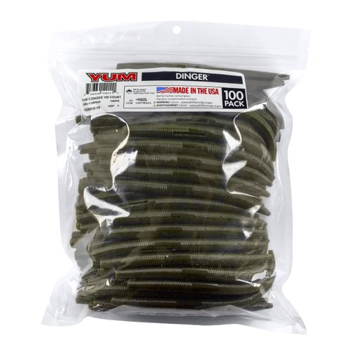 Yum Dinger Classic Worm All-Purpose Soft Plastic Bass Fishing Lure 100 Pack, Green Pumpkin Flake, 5 Inch