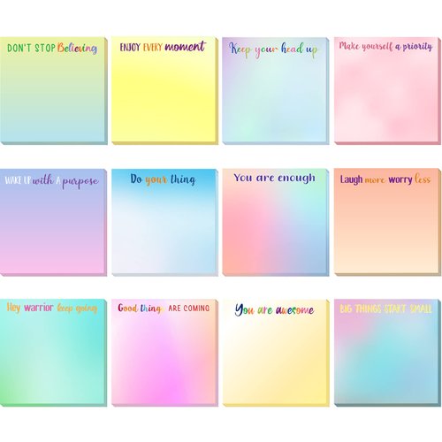 12 Pieces Inspirational Sticky Notes 3 x 3 Inch Motivational Fun Notepads Positive Gifts for Teacher Nurse Coworkers Work Studying Supplies (Watercolor Style)