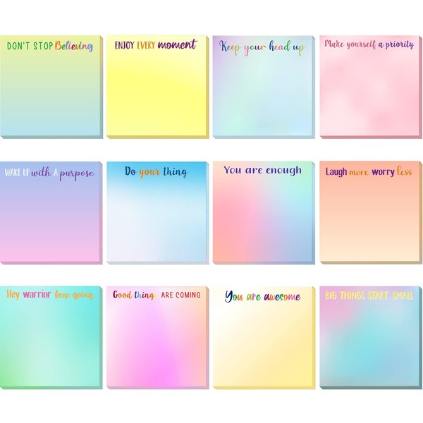12 Pieces Inspirational Sticky Notes 3 x 3 Inch Motivational Fun Notepads Positive Gifts for Teacher Nurse Coworkers Work Studying Supplies (Watercolor Style)