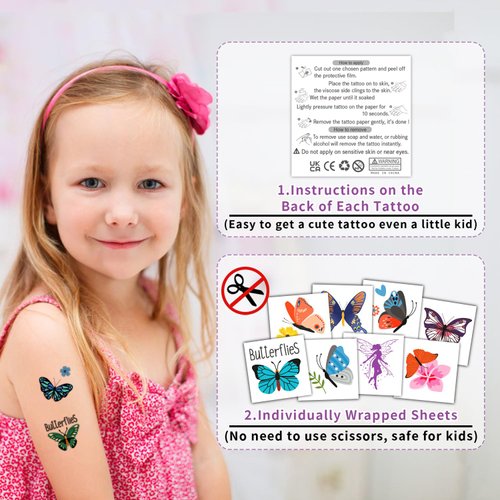 Partywind Butterfly Temporary Tattoos for Kids, Individually Wrapped Sheets Tattoos for Butterfly Party Supplies Favors Decorations, Butterfly Birthday Party Toys for Kids Girls (50 Styles)