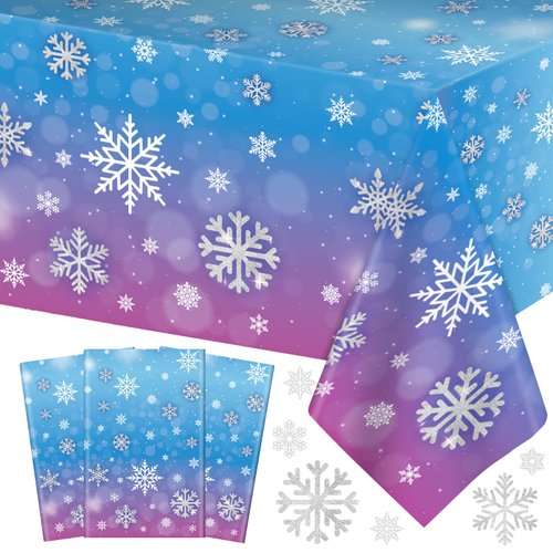 3 Pcs Winter Snowflake Tablecloth - Frozen Wonderland Plastic Table Cloth Disposable Rectangular Snowflakes Table Cover for Frozen Birthday Party Supplies and Christmas Table Decorations,108 x 54 Inch