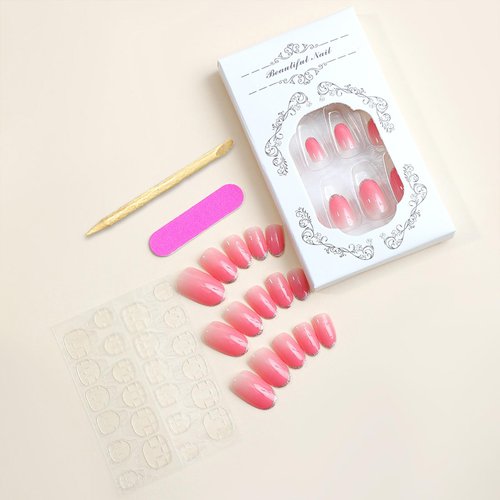 Pink Press on Nails Short Almond Fake Nails French Tip False Nails with Glitter Oval Glue on Nails Glossy Gradation Acrylic Nails Press Ons Nude Stick on Nails for Women Manicure Art 24 Pcs
