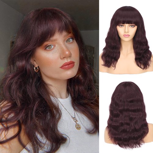 FAVE 16 Inch Natural Wave Human Hair with Bangs for Women Wine Red Natural Wave Wig with Bangs 100% Brazilian Virgin Human Hair Wigs 130% Density Medium Length Natural Wigs for Women (16 inch, 99J)
