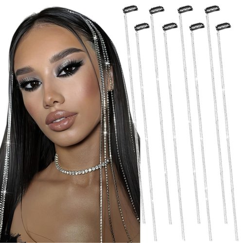 FULZTEY 8Pcs Sliver Rhinestone Hair Clips for Women Girls Bling Crystal Tassel Head Chains Sparkly Hair Blinger Jewelry for Braids Diamond Gems Hairpin Decorative Fancy Hair Extension Accessories