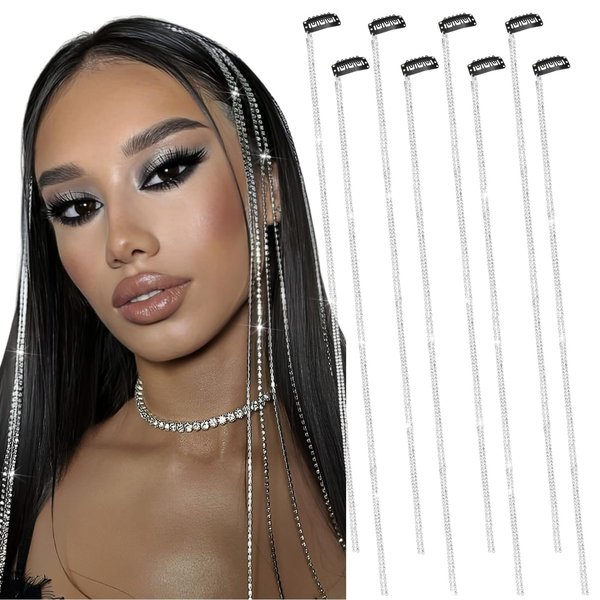 FULZTEY 8Pcs Sliver Rhinestone Hair Clips for Women Girls Bling Crystal Tassel Head Chains Sparkly Hair Blinger Jewelry for Braids Diamond Gems Hairpin Decorative Fancy Hair Extension Accessories
