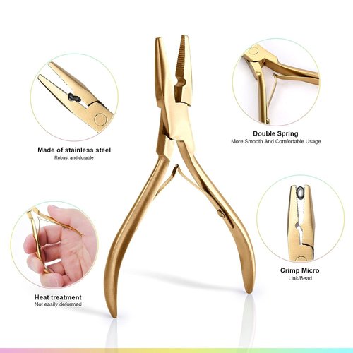 Glamordove Hair Extension Tool Kit Stainless Steel Pliers Micro Beads Remover Hook Looper Hair Gripper Sectioning Clips Wefting Sewing Salon Barber Accessories (Gold)