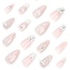 IMRAIN Press on Nails Medium Almond Fake Nails Pink Silver Bow False Nails White French Tips Nails Full Cover Glitter Heart Glue on Nails for Women Girls 24Pcs Y2K Stiletto Handmade Nail Kit