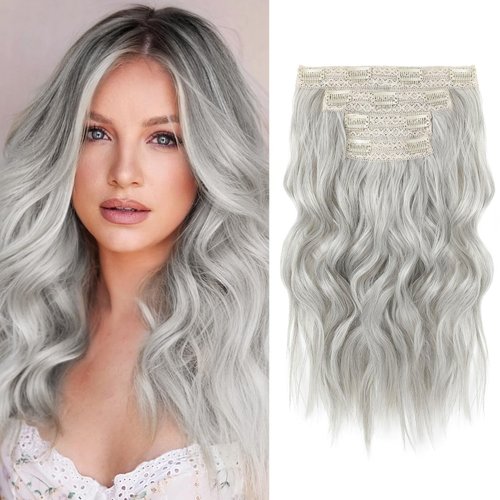 NTYNTY Hair Extensions, 14" Short Clip in Hair Extensions 4PCS Beach Wave Brown Hair Extensions Natural Soft Synthetic Hairpiece for Women - Silver Grey