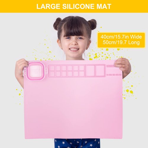 Silicone Painting Mat, Art Mat with Cup, Craft Paint Brush Cleaner Tool, Artist for Kids Gift Clay DIY Creations, Christmas Gifts Box (Pink)