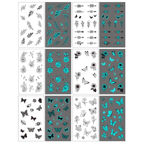 HAIIDOAK Glow in the Dark Temporary Tattoos Set, 20 Sheets Waterproof Tattoos of Flowers, Butterflies, Letters, Numbers, Fireworks, Perfect for Nighttime Parties and Events