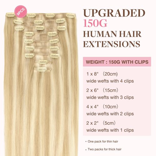 GOO GOO Clip in Hair Extensions Real Human Hair, 14inch 150g 9Pcs, 18A/613A Dark Blonde Highlighted Bleach Blonde, Remy Human Hair Extensions Clip ins for Women, Natural Human Hair