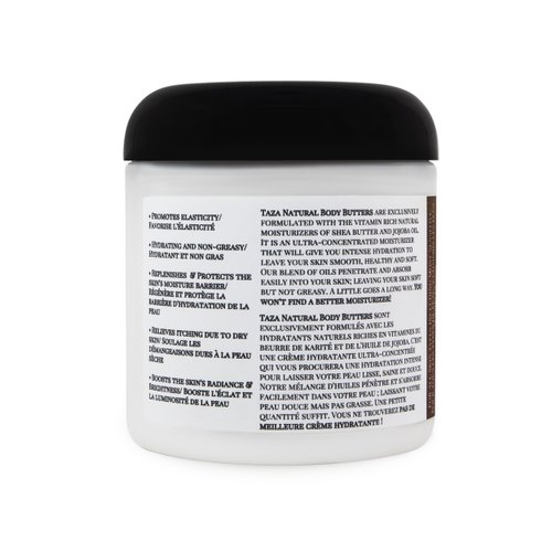 Taza Premium Natural Coconut Body Butter, 8 fl oz (237 ml) Plant Based Ingredients Contains: African Shea Butter, Beeswax, Coconut Oil, Jojoba Oil, Sunflower Oil, Vitamin E