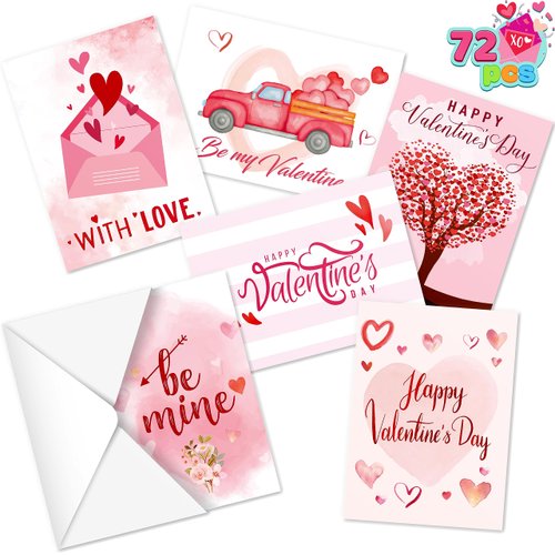 JOYIN Set of 72 Valentine's Day Cards with Envelopes, Pink Greeting Card for Hearts Day, Kids Classroom Exchange, Wedding Cards, Valentines Party Favor, 6 Designs