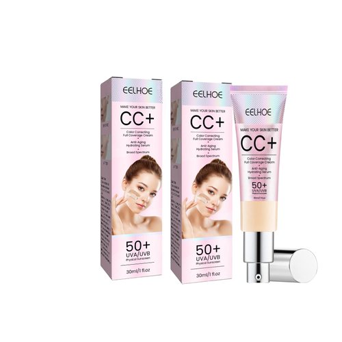 2 Pcs Color Correcting CC Cream, Full-Coverage Foundation, Reducing Face Makeup for A Glowing Complexion, Light Multi-Purpose Facial Concealer Illuminating Finish Soothes & Hydrates, White