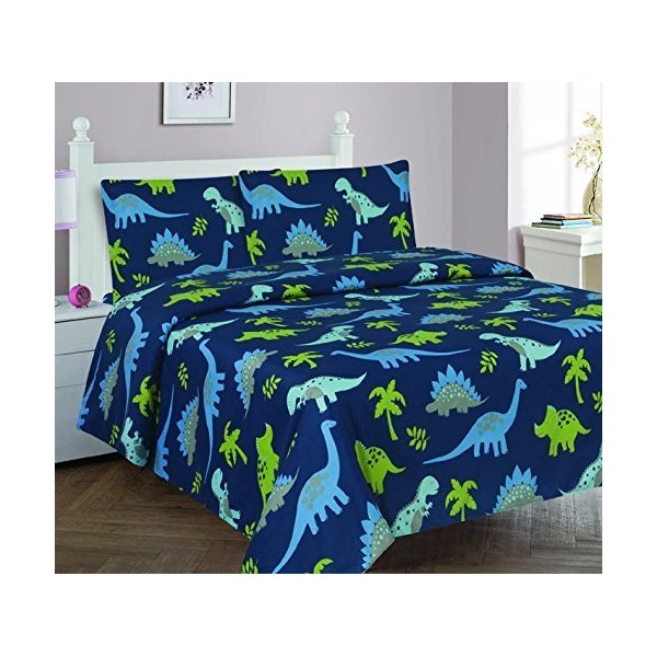 Elegant Home Dinosaurs Design Multicolor Dark Blue Green Sheet Set with Pillowcase Flat Fitted Sheet for Boys/Kids/Teens # Dinosaurs Blue 2 (Full)