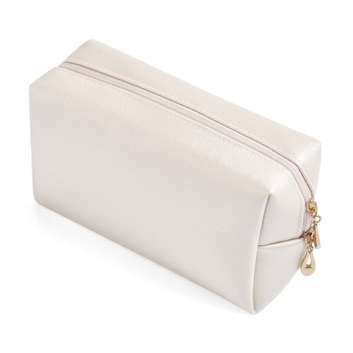 Sohynca PU Leather Cosmetic Bag for Women Minimalism Makeup Bag for Daily Use Portable Storage Purse Small Neat Cosmetic Pouch Water-resistant Toiletry Bag for Travel (Ivory White)