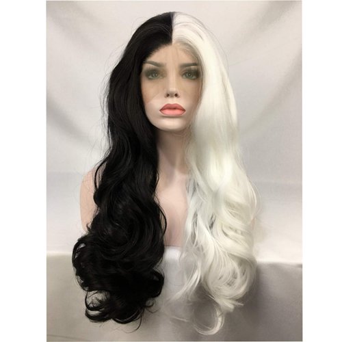 Cupidlovehair Long Wavy Cosplay Wigs Half Black Half White Color Big Curly Wig Heat Resistant Synthetic Lace Front Wigs for Women 22inch