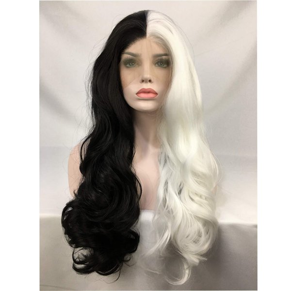 Cupidlovehair Long Wavy Cosplay Wigs Half Black Half White Color Big Curly Wig Heat Resistant Synthetic Lace Front Wigs for Women 22inch