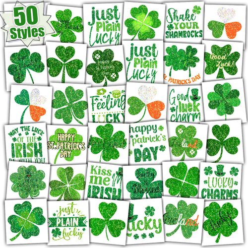 Partywind Glitter St Patrick's Day Temporary Tattoos, Shamrock Tattoos for Saint Patrick's Day Decorations, Irish Clover Accessories for Green Day Party Supplies, Kids Goodie Bag Stuffers