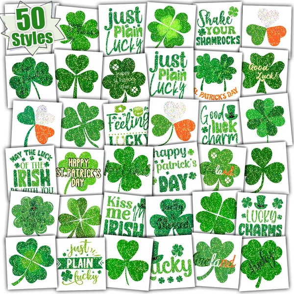 Partywind Glitter St Patrick's Day Temporary Tattoos, Shamrock Tattoos for Saint Patrick's Day Decorations, Irish Clover Accessories for Green Day Party Supplies, Kids Goodie Bag Stuffers