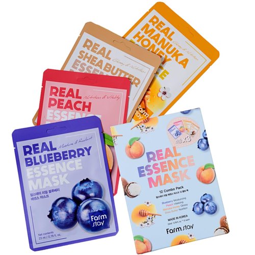 FARMSTAY Real Essence Mask Combo Pack, 0.78 fl. oz. x 12 (Blueberry, Peach, Manuka Honey, Shea Butter)
