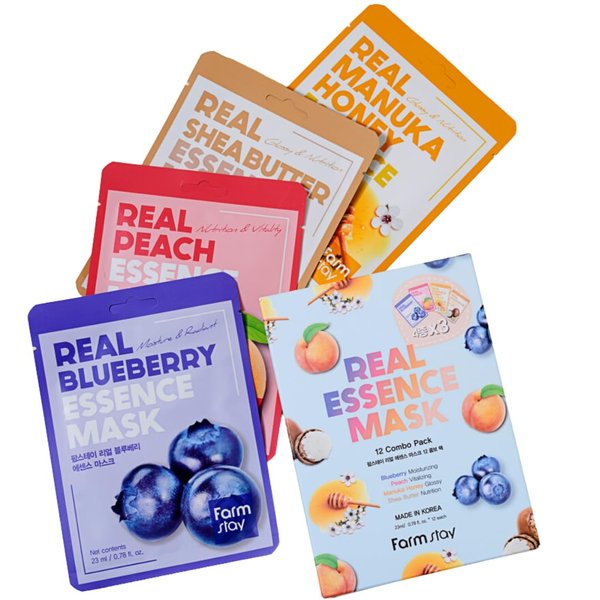 FARMSTAY Real Essence Mask Combo Pack, 0.78 fl. oz. x 12 (Blueberry, Peach, Manuka Honey, Shea Butter)