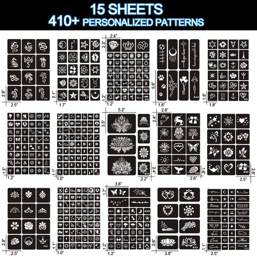 Henna Tattoo Stencils Kit Reusable for Women Girls and Kids, 410+ PCS Tattoo Stencil,Temporary Indian Arabian Glitter Airbrush Tattoo Stencil