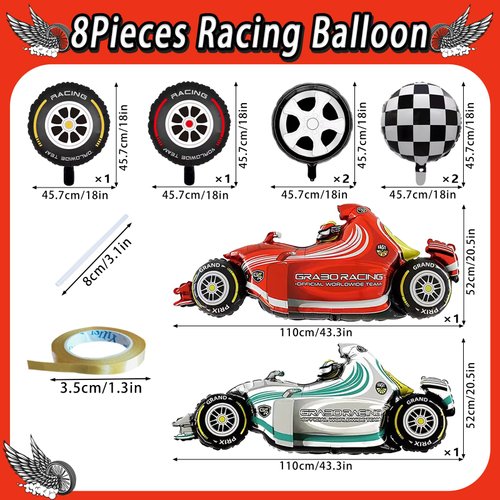 Race Car Balloons, 43 Inch Race Car Birthday Party Decorations, Wheel Tire Foil Balloons, Two Fast Birthday Decorations, Black and White Checkered Balloons, Cars Birthday Party Supplies - Pack of 8