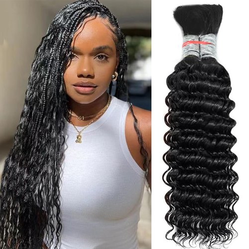 Deep Wave Bulk Human Hair for Braiding No Weft Unprocessed Brazilian Virgin Human Hair Extensions Wet and Wavy Micro Braiding Hair Human Hair For Bohemian Knotless Braids(18inch 2pack/100g)