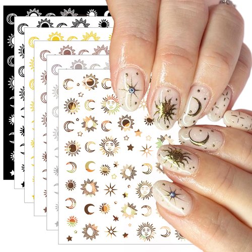 12 Sheets Sun Moon Star Nail Art Stickers Decals, 3D Fashion Trendy Minimalist Colorful Rose Gold Pegatinas Uñas Design Self-Adhesive Nail Art Decals, DIY Manicure Decoration Supplies Accessories for Women Girls