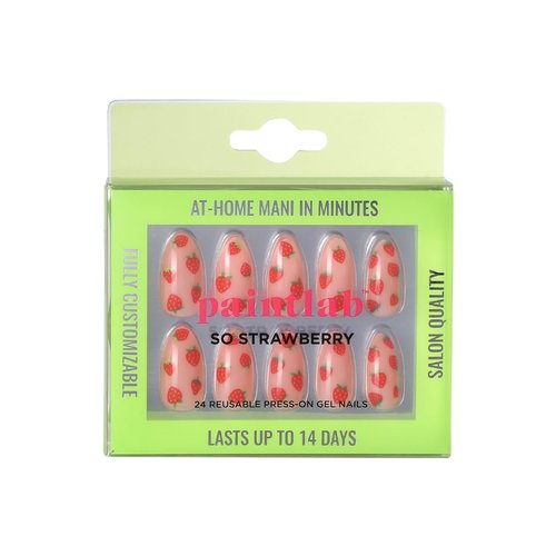 PaintLab Press On Nail Kit - 24 Piece Fake Nails with Glue, Nail File, Prep Pad & Cuticle Stick | Non Toxic & Cruelty Free | Lasting & Complete Glue On Nails for Women & Girls (So Strawberry Almond)