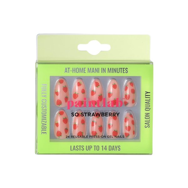 PaintLab Press On Nail Kit - 24 Piece Fake Nails with Glue, Nail File, Prep Pad & Cuticle Stick | Non Toxic & Cruelty Free | Lasting & Complete Glue On Nails for Women & Girls (So Strawberry Almond)