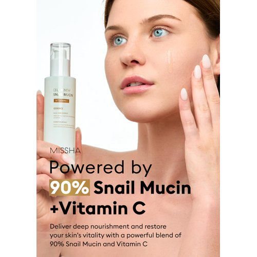 MISSHA Cell Renew Snail Mucin Vitamin C Essence Serum 3.38 Fl oz - Hydrating Korean Skincare for Glass Skin, Snail Mucin Serum for Improved Skin Texture & Complexion