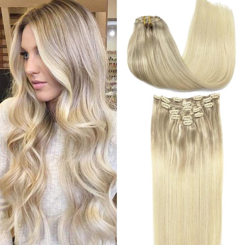 GOO GOO Clip in Hair Extensions Real Human Hair, 16inch 85g 7Pcs, 17/22/60 Balayage Ash Blonde to Golden Blonde and Platinum Blonde, Remy Human Hair Extensions Clip ins for Women, Natural Human Hair