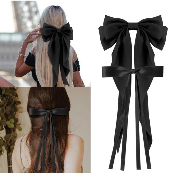 Hair Bows for Women Girls, 2 PCS Silky Satin Bow Hair Clips Ribbon Hair Bow Clips Bowknot with Long Tail Black Hair Bow Cute Hair Accessories, 2 Sizes