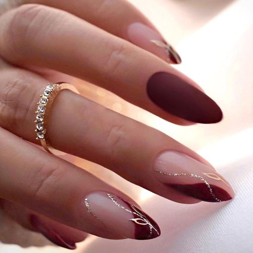 DOCVOEOMH Dark Red Press on Nails Almond Shaped Short Medium Acrylic Fake Nails with Gold Lines Design Glue on Glossy Full Cover Artificial False Stick on Nail for Girls Women Wedding Manicure 24Pcs