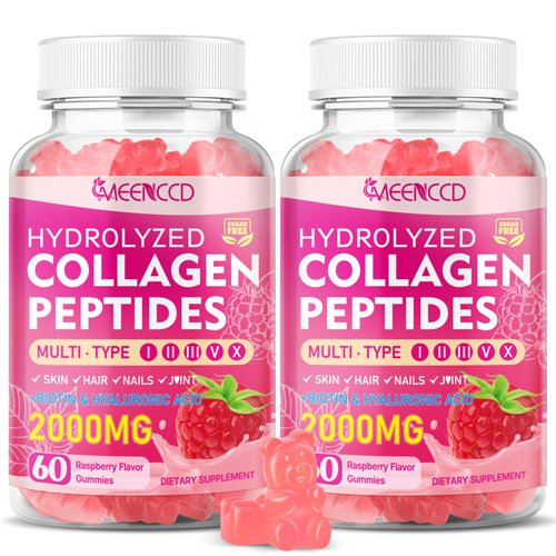 MEENCCD 2 Pack Hydrolyzed Collagen Peptides Gummies for Women & Men, Multi-Collagen Type I,II,III,V,X with Biotin, Hyaluronic Acid, Zinc, Vitamin C, E - Skin, Hair, Nails, Raspberry Flavor, 120 Count