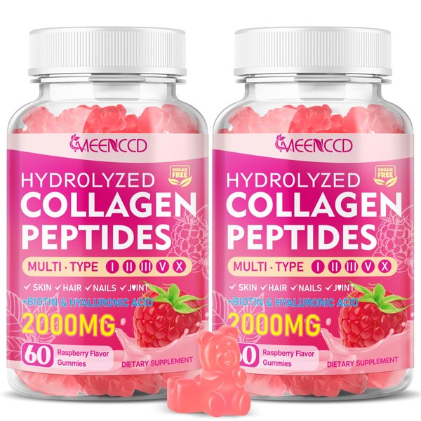 MEENCCD 2 Pack Hydrolyzed Collagen Peptides Gummies for Women & Men, Multi-Collagen Type I,II,III,V,X with Biotin, Hyaluronic Acid, Zinc, Vitamin C, E - Skin, Hair, Nails, Raspberry Flavor, 120 Count