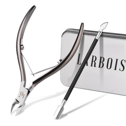 Larbois Cuticle Trimmer with Cuticle Pusher Set Stainless Steel Cutter Professional Cuticle Nipper Remover Extremly Sharp Salon Quality Nail Tools