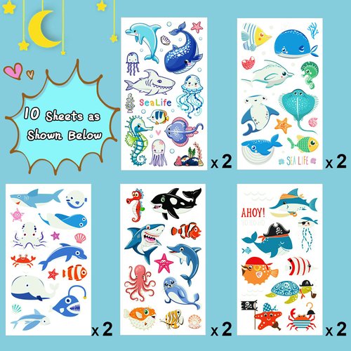 Partywind 130 Styles Luminous Shark Temporary Tattoos for Kids, Glow Shark Birthday Decorations Party Favors Supplies for Boys and Girls, Ocean Under Sea Fake Tattoo Stickers (10 Sheets)