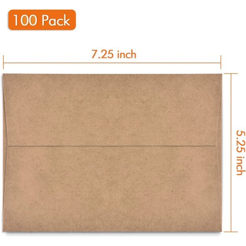 AZAZA 100 Pack A7 Brown Kraft Paper Invitation 5 x 7 Envelopes - Quick Self Seal For 5x7 Cards| Perfect for Weddings, Invitations, Baby Shower| Stationery For General, Office | 5.25 x 7.25 Inches