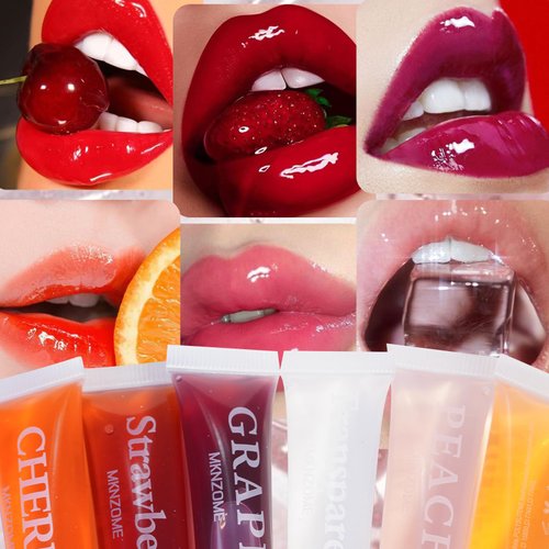 Joyeee 6Pcs Lip Glow Oil Wet, Hydrating Candy Lip Gloss Flavoring Oil Kit, Transparent Clear, Pink Peach, Nude Orange, Red Strawberry, Candy Grape Lip Gloss Lip Tinted Oil Color for Teen Girls