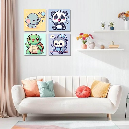 HOIYLDS Framed 4 Pack Paint by Number for Kids, Cute Animals Paint by Numbers for Kids Ages 8-12, Paint by Numbers Kits Children Beginner, DIY Acrylic Oil Painting for Home Wall Decor (8x8inch)