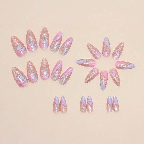 RikView Pink Press on Nails Medium Fake Nails with Flowers Design Almond Nails Glossy Full Cover Nails