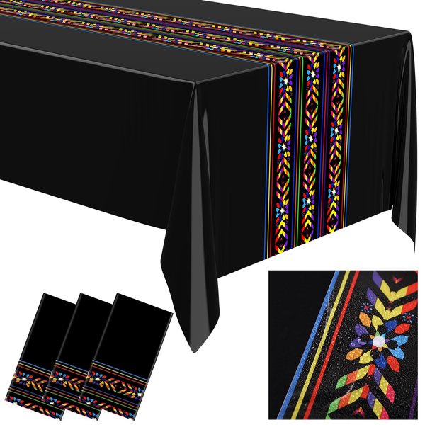 Oudain 6 Pcs Fiesta Tablecloth 108 x 54'' Plastic Tablecover Waterproof Mexican Tablecloth Mexican Striped Table Cover for Taco Night Festive Mexican Fiesta Wedding (Black,Rainbow Woven Style)