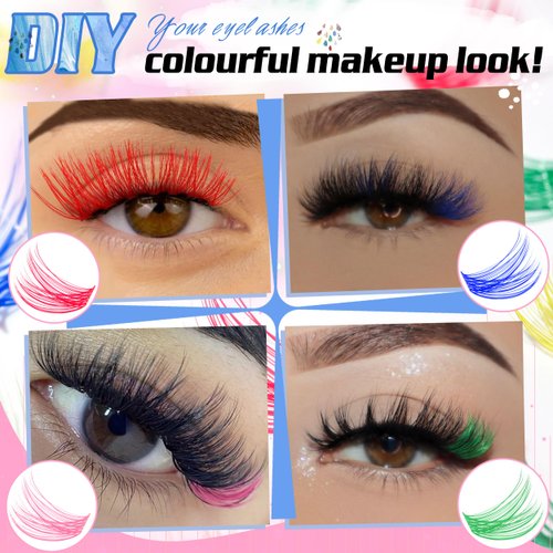 Wispy Colored Lash Clusters with Bottom Lashes Individual Lashes D Curl 8-16mm Mixed 7 Colors Rainbow DIY Eyelash Extension Colorful Cluster Lashes Pack by Yaiseiko