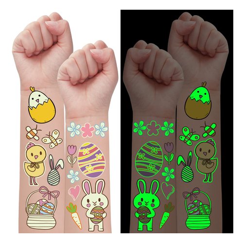 Glow Easter Temporary Tattoos for Kids Party Decorations, 40 Styles Luminous Easter Eggs Party Supplies Favors, Easter Tattoos Stickers (2 Sheets)
