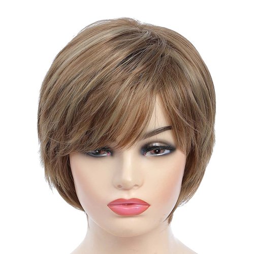 JOLNVCA Pixie Cut Layered Short Brown Wigs with Bangs Straight Synthetic Hair Wigs for White Women (Blonde Mixed Brown)